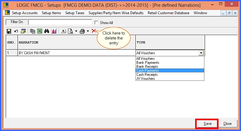 fmcg setup pre defined narrations 22